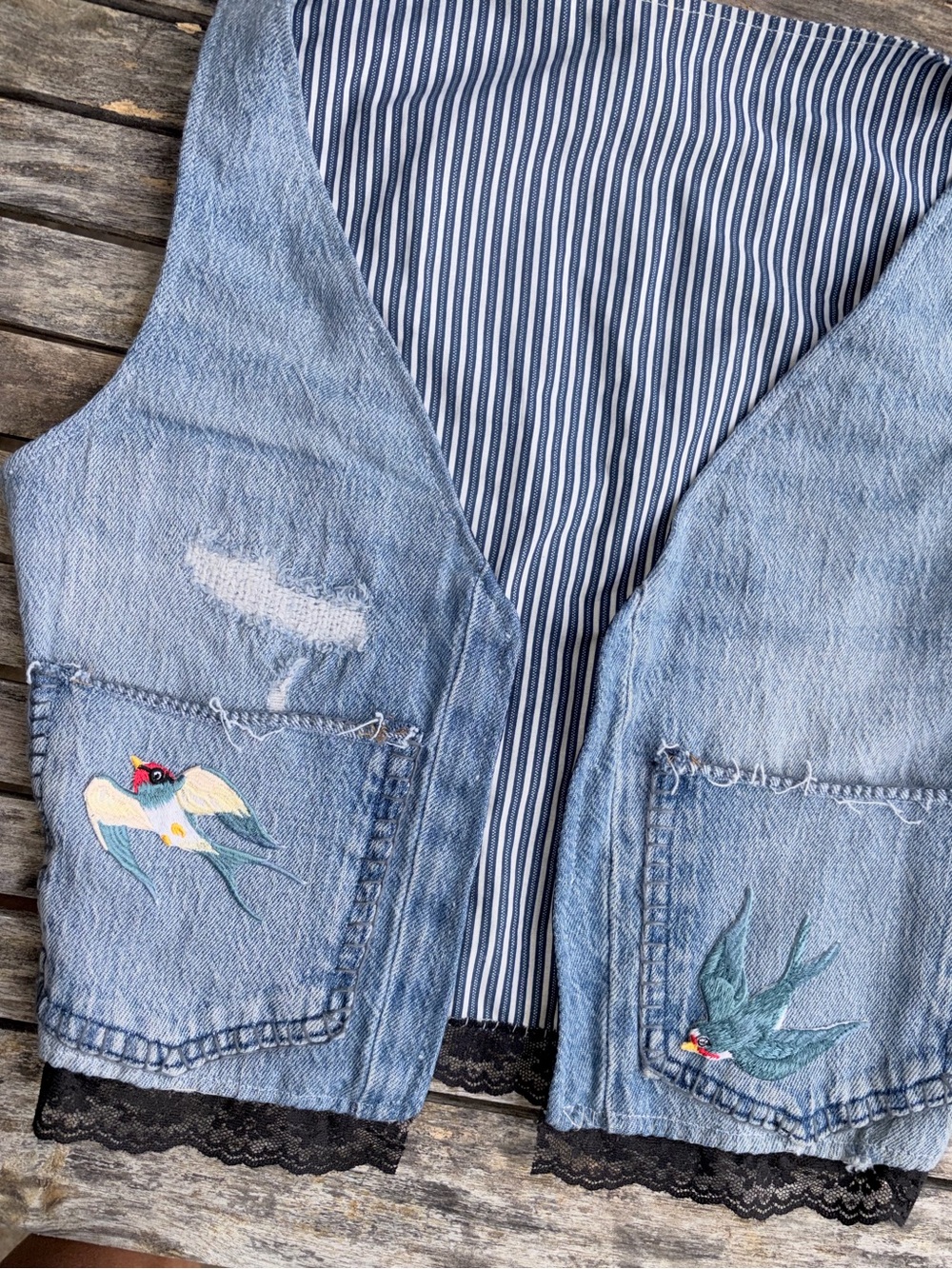 Unique Handmade Upcycled Girls Denim Vest Bird Patches Lace Folk Art Waistcoat